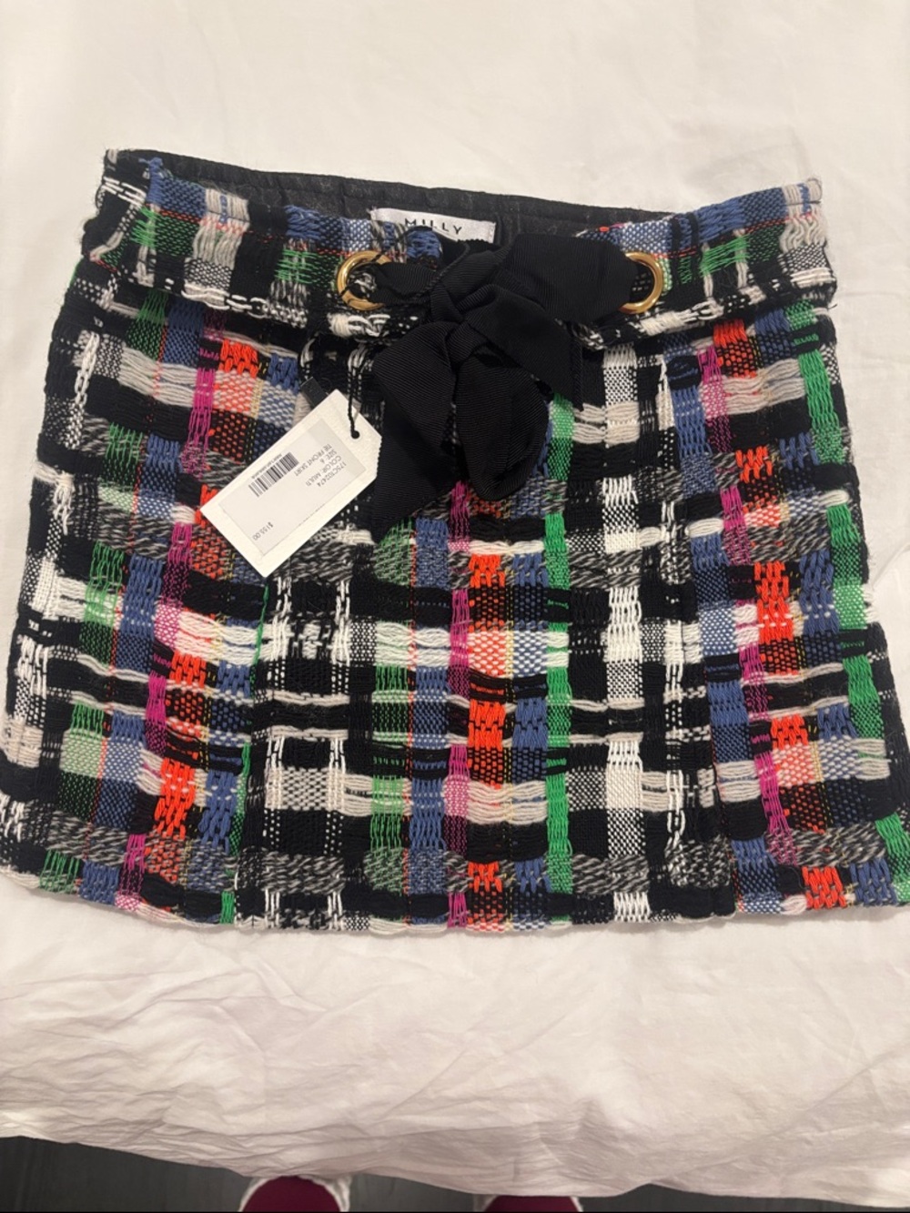 Milly Black Multicolor Tweed Mini Skirt with Black Bow